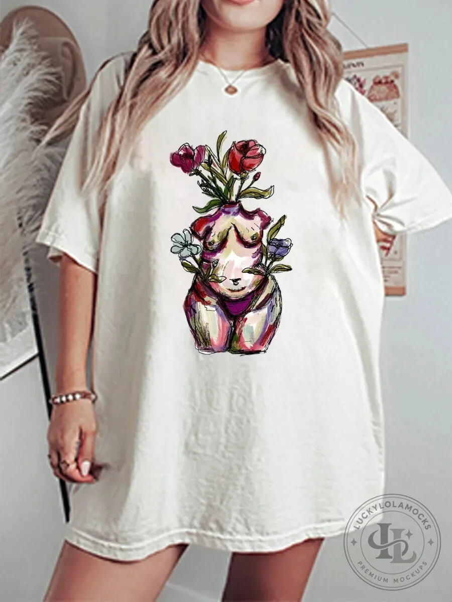 Vintage Curvy Body Positive Floral Graphic Oversized T-Shirt for Women