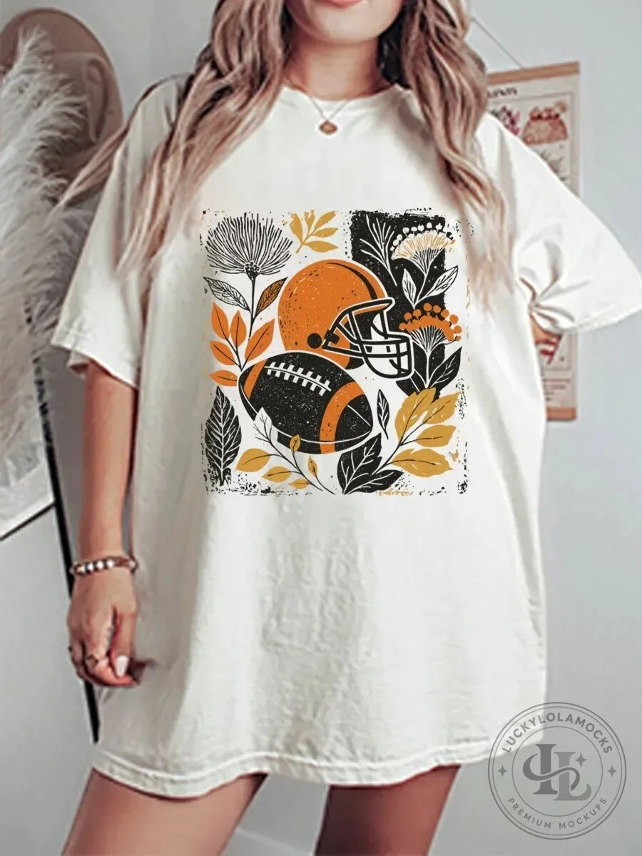 Vintage Fall Football Helmet and Ball Autumn Floral Graphic T-Shirt