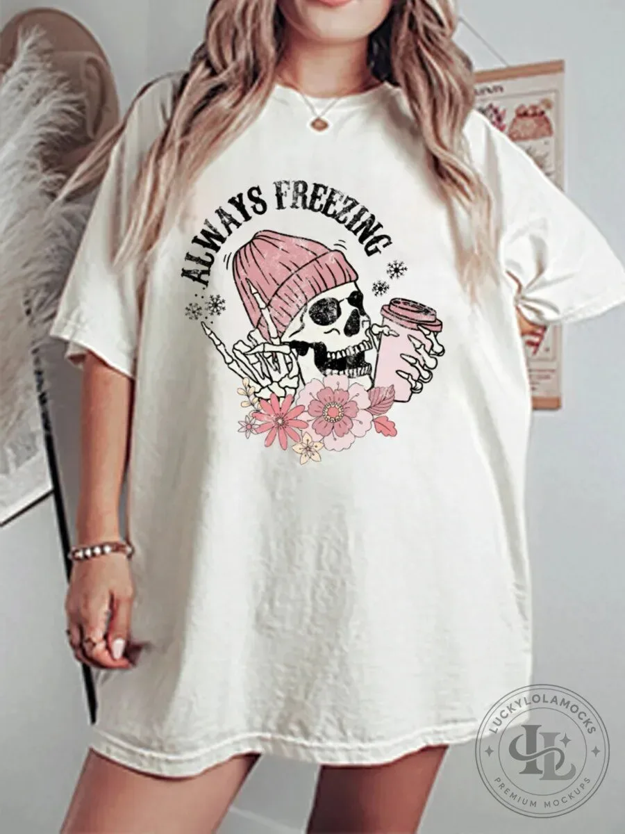 Always Freezing Skeleton Coffee Drinker Floral Graphic T-Shirt