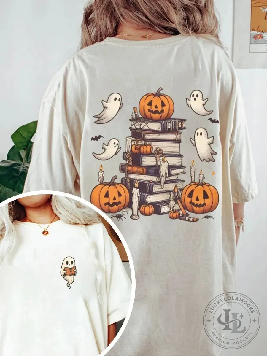 Halloween Ghost Pumpkin Stacked Books Spooky Season Graphic T-Shirt