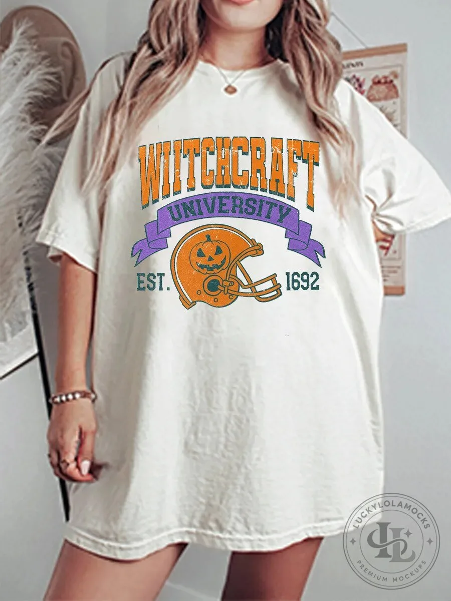 Vintage Witchcraft University Halloween Football Helmet Graphic T-Shirt