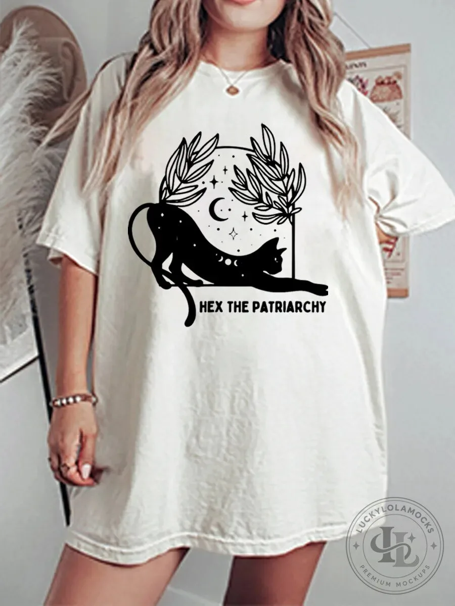 Hex The Patriarchy Feminist Cat Moon Stars Graphic T-Shirt
