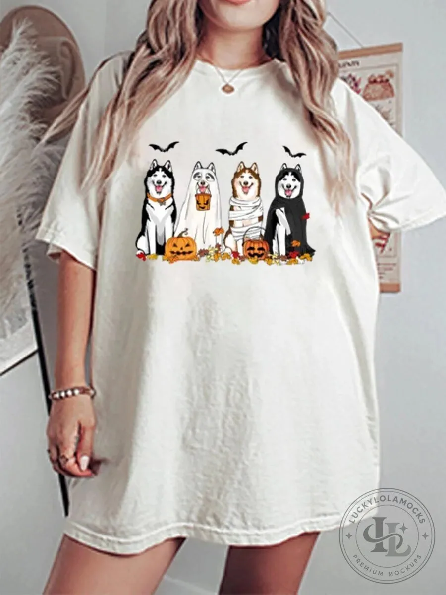 Vintage Halloween Husky Dogs Oversized Graphic T-Shirt