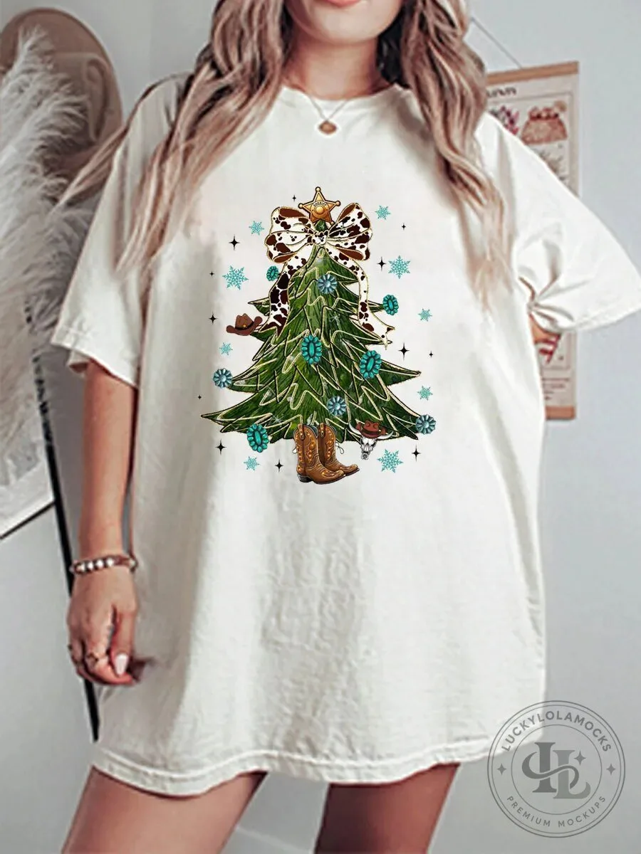 Western Cowboy Christmas Tree Graphic T-Shirt for Women
